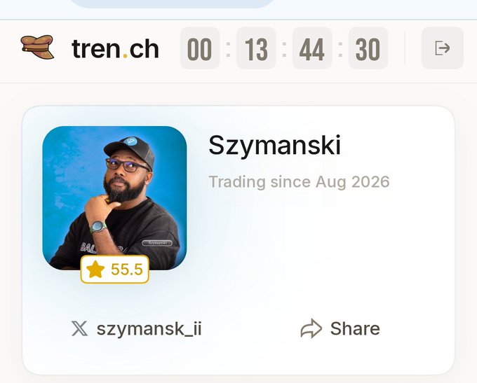 A trader's profile on tren.ch displays the username "Szymanski" (X: @szymansk_ii) with a 55.5-star rating and a countdown timer showing 00:13:44:30 remaining. The stars correspond to approximately $4,051 in value at the speculated 1 star = 1 SOL rate, suggesting the trader is awaiting a "Full disclosure" reveal about their trading results since August 2026.