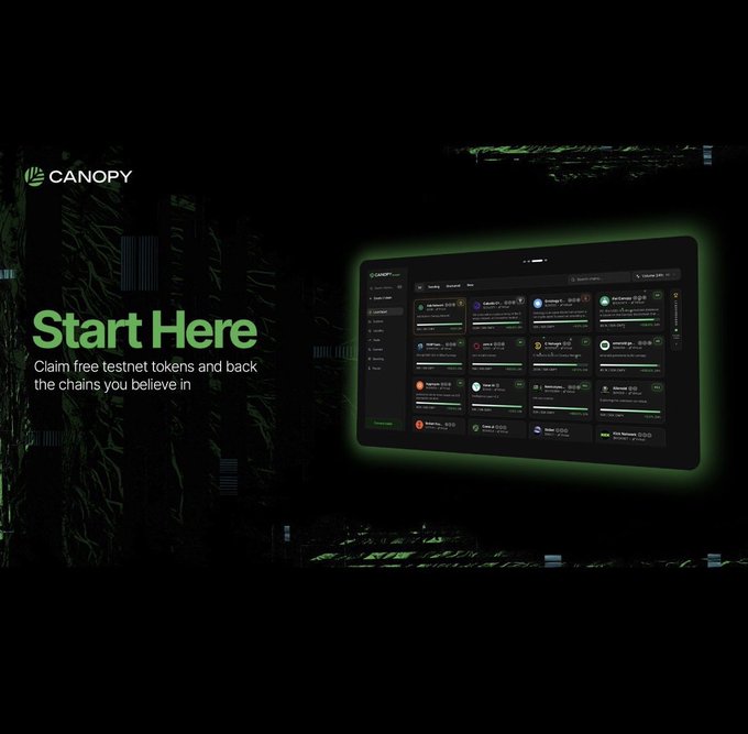A Canopy promotional image with "Start Here" text, offering to "Claim free testnet tokens and back the chains you believe in," showing a dashboard interface.