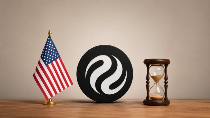 A 3D rendering showing an American flag, a black circular logo with a white wave design, and a wooden hourglass on a wooden surface against a beige background.