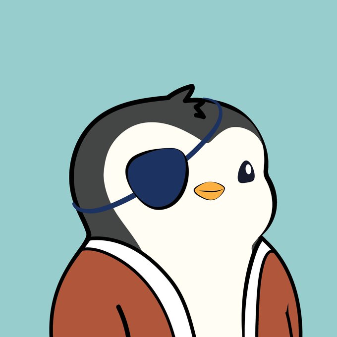 A simple cartoon illustration of a penguin character with a black and white head wearing a blue eyepatch, dressed in a brown jacket against a light blue background.