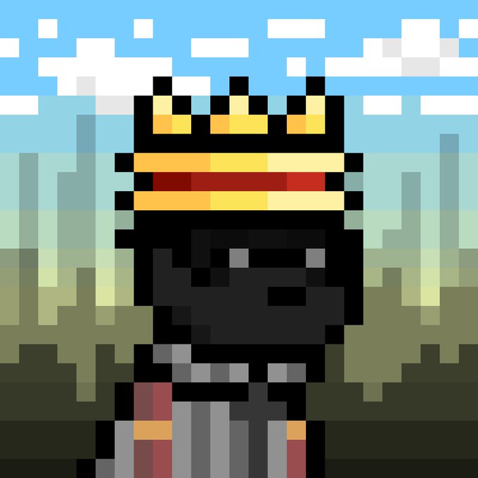 A pixel art image of a character wearing a golden crown and red-accented dark clothing, standing in a Minecraft-style landscape with clouds and grass.