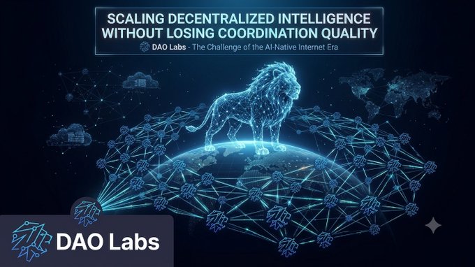 The image shows a promotional graphic for DAO Labs titled "Scaling Decentralized Intelligence Without Losing Coordination Quality," featuring a glowing lion composed of connected nodes standing atop a networked globe with cloud and brain icons in the background. It visually reinforces the post's central question by illustrating the challenge of maintaining strong, coordinated leadership (the lion) within a vast, distributed network of intelligence (the interconnected nodes spanning the globe).
