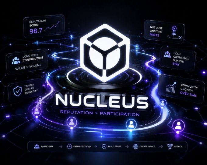A promotional graphic for 'NUCLEUS' featuring the tagline 'REPUTATION > PARTICIPATION' with surrounding labels including 'REPUTATION SCORE 98.7', 'LONG TERM CONTRIBUTORS', and a process flow at the bottom: 'PARTICIPATE -> EARN REPUTATION -> BUILD TRUST -> CREATE IMPACT -> LEGACY'.
