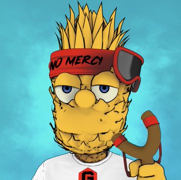 An animated Bart Simpson character wearing a red headband that reads 'NO MERCI' and red goggles holds a wooden slingshot.