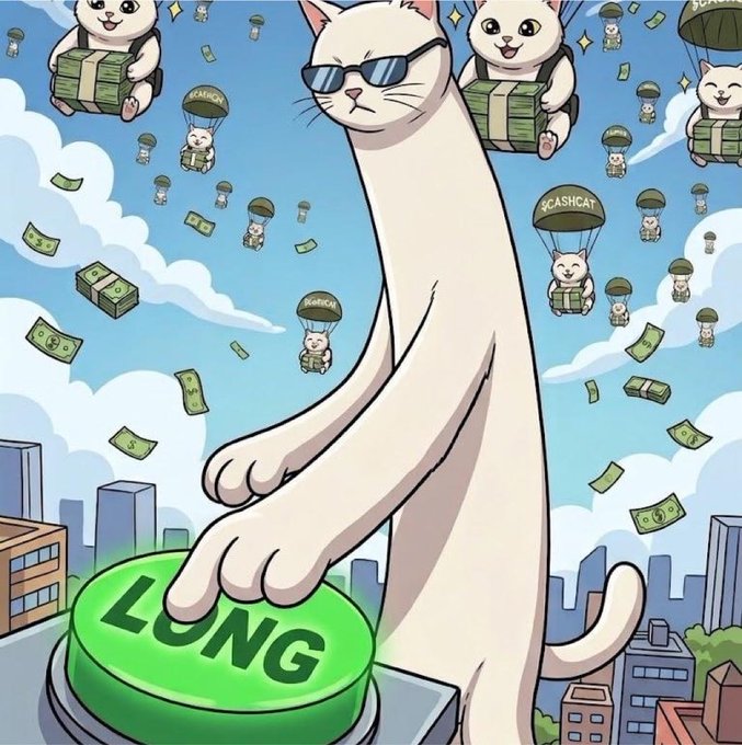 A cartoon illustration features a cool cat wearing sunglasses pressing a large green 'LONG' button while cats with parachutes drop cash from the sky.