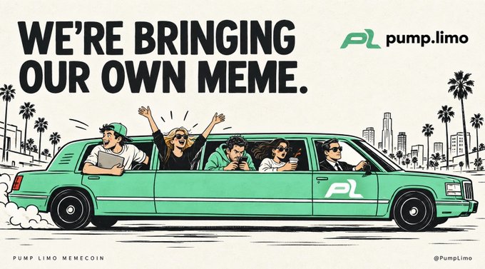 A promotional graphic for "pump.limo" reading "WE'RE BRINGING OUR OWN MEME" and "PUMP LIMO MEMECOIN," illustrated with people partying inside a green stretch limousine with a city skyline in the background.
