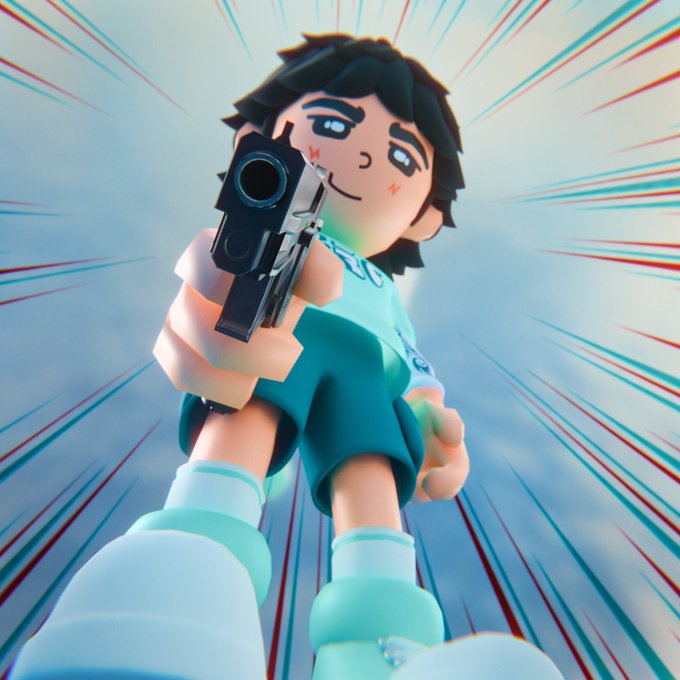 A 3D animated character pointing a gun at the viewer in a first-person perspective, with a blurred radial background.