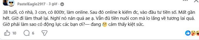 A Vietnamese Facebook post by 'PasteEagle2917' discussing the pressures of being 38, owning a home, having 3 children, and working online while feeling burnt out.