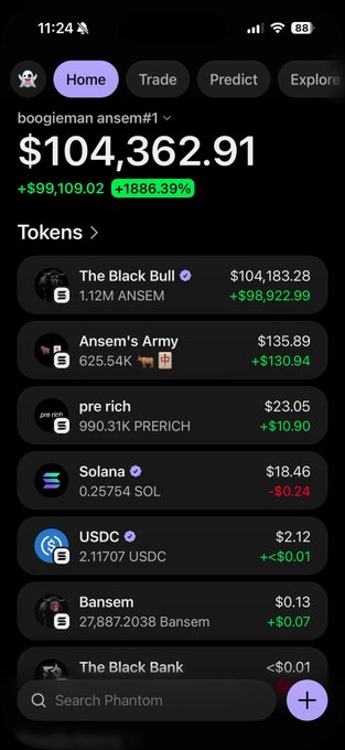 The image shows a Phantom wallet portfolio for "boogieman ansem#1" displaying a balance of $104,362.91 with a gain of +$99,109.02 (+1886.39%), with the majority held in "The Black Bull" token worth $104,183.28 (1.12M ANSEM). This visualizes the poster's claim of hitting $100k in profit through their ANSEM holdings, showing the wallet balance as proof of their gains.