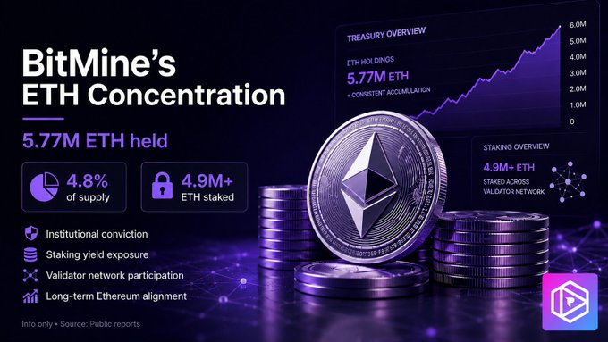 A dark-themed infographic titled 'BitMine's ETH Concentration' highlights 5.77M ETH held (4.8% of supply) and 4.9M+ ETH staked, featuring stacked Ethereum coins and a treasury overview chart.
