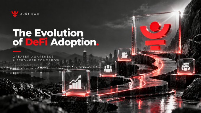 Image 1: A promotional graphic titled 'The Evolution of DeFi Adoption' by JUST DAO, featuring red neon-lit translucent cubes with icons (chart, people, wallet) and a logo against a city skyline at night.