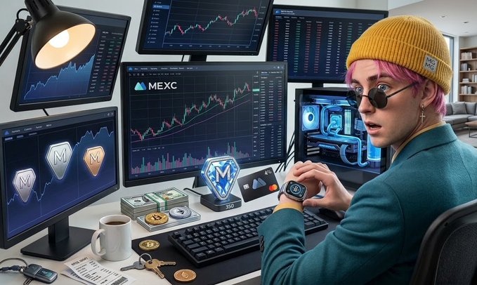 AI-generated image of a person with pink hair and yellow beanie trading on MEXC with multiple monitors showing crypto charts, stacks of cash, and Bitcoin memorabilia on the desk.