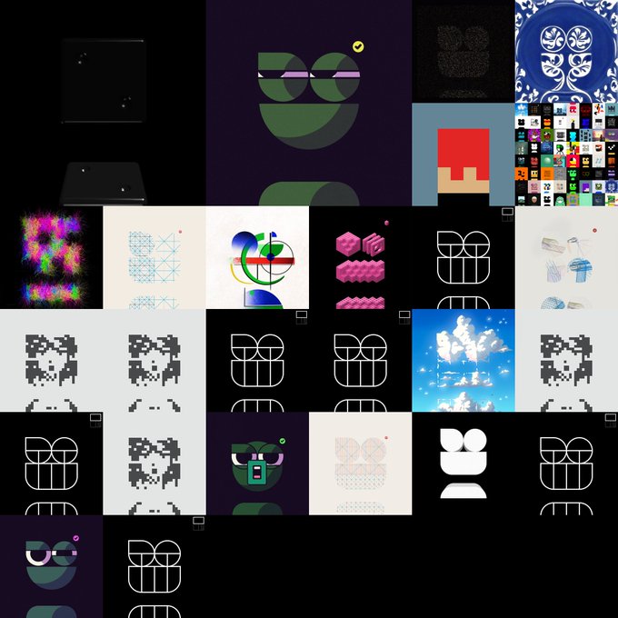 A collage grid featuring various digital art pieces, pixel art, logos, and abstract designs, many incorporating the letter 'B' or stylized face icons.