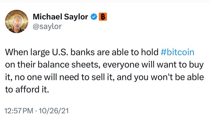 The image features a white background with black text that reads, "When large U.S. banks are able to hold #BITCOIN on their balance sheets, everyone will want to buy it, and you won't be able to afford it." The caption also includes an image of a man's face.