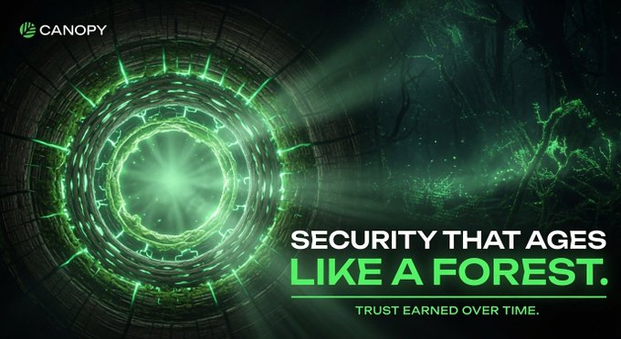 A digital advertisement for Canopy featuring a green glowing portal in a dark forest with the text 'SECURITY THAT AGES LIKE A FOREST. TRUST EARNED OVER TIME.'