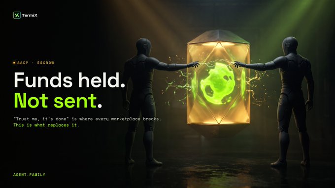 A dark digital poster titled 'Funds held. Not sent.' with text 'Trust me, it's done' is where every marketplace breaks. This is what replaces it.' and 'AGENT.FAMILY', depicting two shadowy humanoid figures facing a glowing green skull in a golden cube.