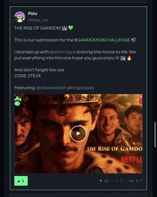A Reddit-style post by user "Folu" (@hsas_so1) promotes their video submission "THE RISE OF GAMDOM" for the #GAMDOM50KCHALLENGE, featuring a Netflix-style thumbnail with crown imagery and a teaser featuring @stevewilldoit and @kingadukes. The post requests viewers to vote on gamdomsteve.com using code "STEVE" and searching for "ihas_sol" to click the upvote arrow showing 1.