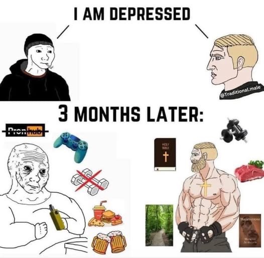 A Wojak-style meme showing a transition from depression to a 3-month transformation into a muscular Chad, with images of gaming controllers, beer, weights, a Bible, and steak.
