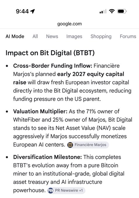 A Google search result titled 'Impact on Bit Digital (BTBT)' discusses cross-border funding inflow, valuation multiplier, and diversification milestones for the company.