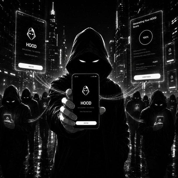 A person in a hoodie holds up a phone displaying the "HOOD" app, while holographic screens show "Generating Your HOOD Score" and a score of +2,817, all within a futuristic cityscape and a crowd of similar figures. This image visually represents the "HOOD" platform and its user engagement, aligning with the post's message about user growth and boosting the "HOOD Score" through daily missions.
