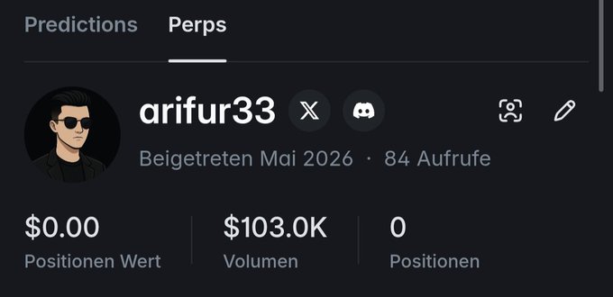 A profile page screenshot for user 'arifur33' on a Perps trading platform, showing $0.00 positions value, $103.0K volume, joined May 2026, with 84 views.