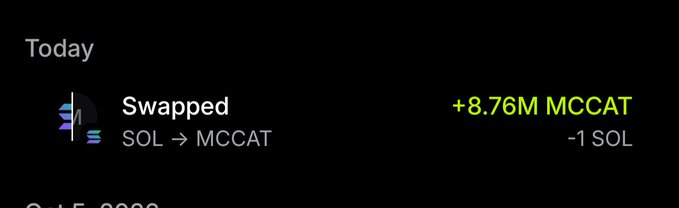 A crypto transaction screen indicating a swap: -1 SOL → +8.76M MCCAT.