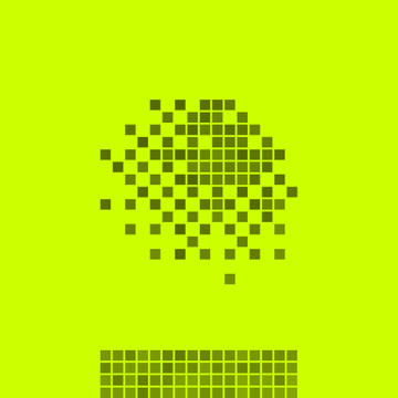 A pixelated, dark-colored shape resembling a brain or heart composed of small squares on a bright neon yellow-green background, with a grid pattern at the bottom.