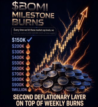A promotional graphic for "$BOMI MILESTONE BURNS" showing escalating burn amounts from $150K to 1MILLION, describing it as a "SECOND DEFLATIONARY LAYER ON TOP OF WEEKLY BURNS" with a stack of BOMI coins.