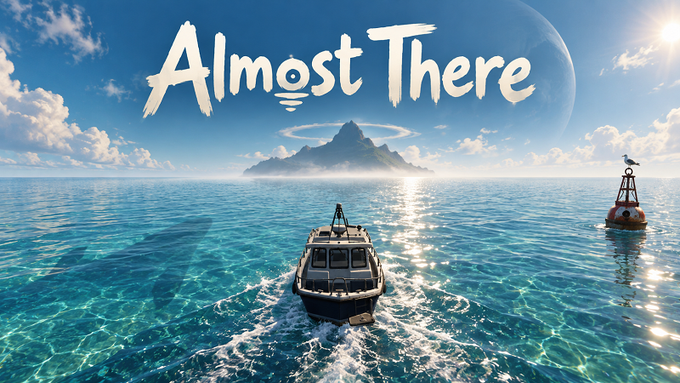 A digital artwork shows a boat sailing on turquoise ocean water toward a mountainous island, with 'Almost There' written in large white text above.