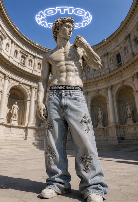 A digitally edited image of Michelangelo's David statue wearing baggy Chrome Hearts jeans with cross designs, standing in a courtyard with "MOTION" text in a circular arrangement above its head.