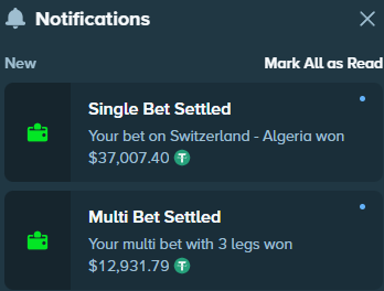 A betting notifications panel shows a $37,007.40 win on a Switzerland-Algeria single bet and a $12,931.79 win on a 3-leg multi bet, serving as proof of significant payouts to entice viewers to share their Stake username in the comments.