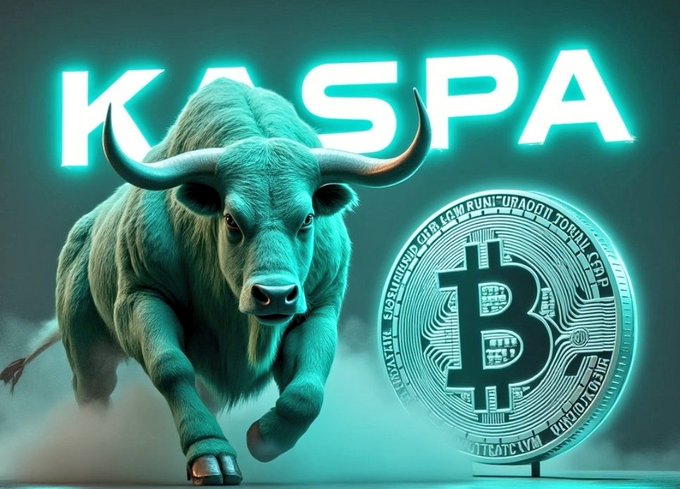 The image features a green bull with horns standing next to a large Bitcoin logo. The bull appears to be running or galloping towards the Bitcoin, which is positioned behind it. The background of the image is dark blue-green, creating an intense atmosphere that complements the overall theme of the post. The caption at the bottom of the image reads: "Another serious reminder from 2 years ago: More W4RZ will arise, and i believe what's going on now, will escalate again early next year and cause a Huge GLOBAL CRASH At this time, hold stablecoins and bluechips like $KAS and Bitcoin."