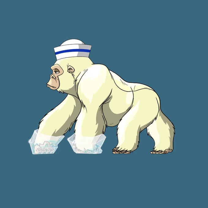An illustration of an albino gorilla wearing a sailor hat and crystalline ice skates against a teal background.