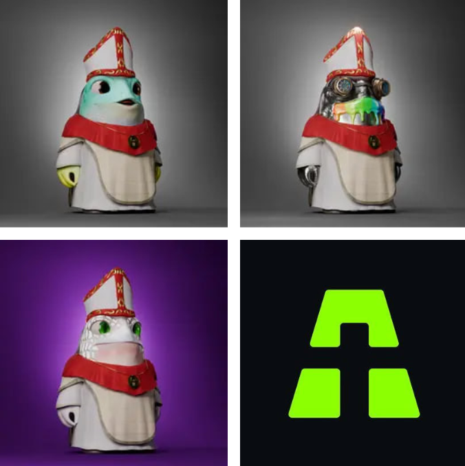 A four-panel image showing three variations of a robot dressed in papal robes and mitre (including one with a cyan face, one with a dark metallic face, and one with a white bird-like face), alongside the neon green 'A' logo of ai16z.