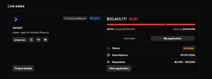 Live sales dashboard for 'Jumper' super-app showing $20,433,177 raised (1022% of $2,000,000 goal) on Ethereum Mainnet via USDC, status 'In review'