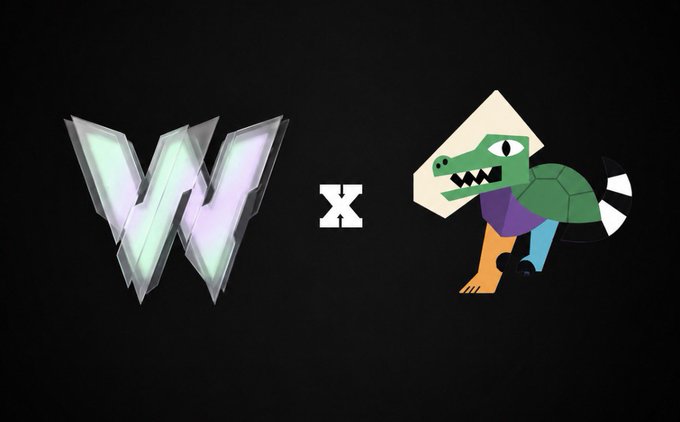 The image shows a stylized "W" logo with a geometric, iridescent design on the left, followed by an "x" symbol, and a colorful cartoon crocodile/dragon mascot on the right—visually announcing the collaboration between WebverseHQ (W) and Morphora ($MORPHORA) ahead of their Monday, August 10th launch on Robinhood Chain via Arena.