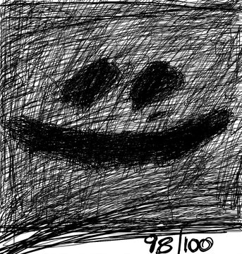 A black and white hand-drawn sketch of a creepy smiling face with dark, hollow eyes in a heavily cross-hatched style, marked '98/100' at the bottom.