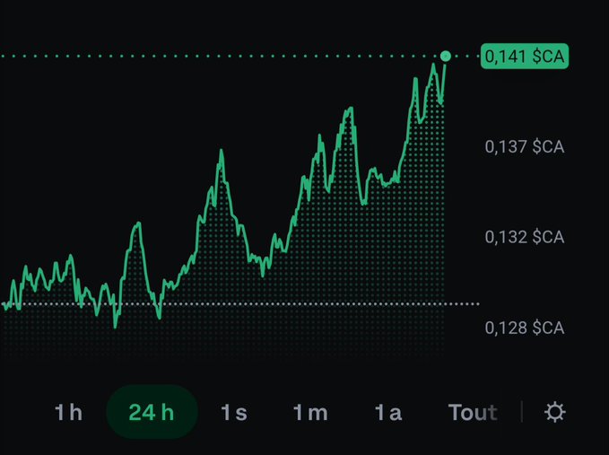 A stock chart showing a rising trend over a 24-hour period, with the current price at '0,141 $CA' highlighted at the top right.