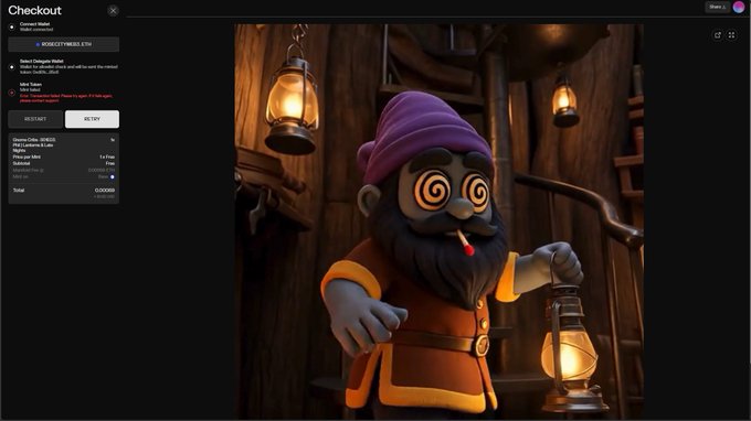 A checkout page for a digital collectible showing a 3D animated gnome miner with spiral eyes, holding a lantern, priced at 0.00069 ETH.