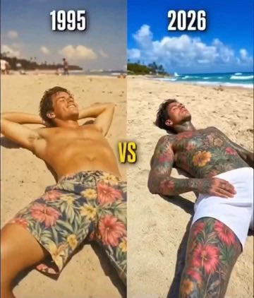 A meme comparing two photos of a man lying on a beach, with '1995' showing him in floral shorts with clean skin and '2026' showing him with extensive floral tattoos covering his torso and arm.