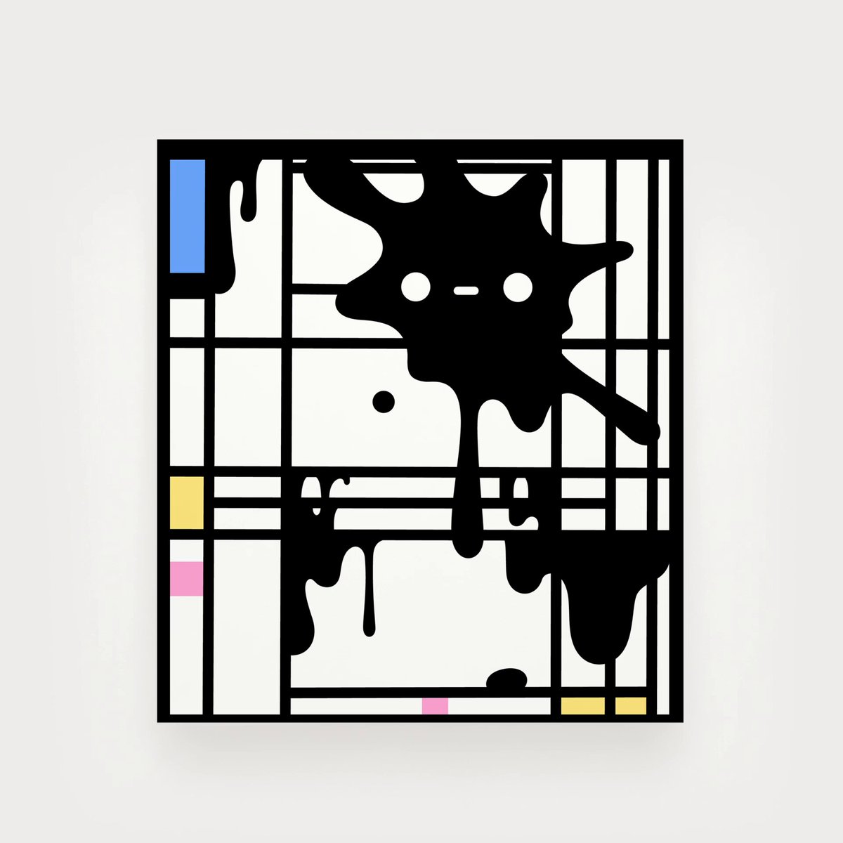 The image features an abstract art piece with black splotches covering most of its surface, giving a dramatic effect. A small portion of the white background shows through the artwork, revealing that it's a digital illustration rather than a physical painting. The caption below the picture describes the artwork as being limited edition and worth $OMI. There are three colors present in this piece: black, pink, and yellow splotches.