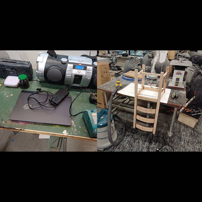 A workshop scene showing a makeshift studio setup with a portable radio, lamp, laptop, and various tools on a green workbench, alongside an in-progress wooden chair being constructed next to a JET band saw.