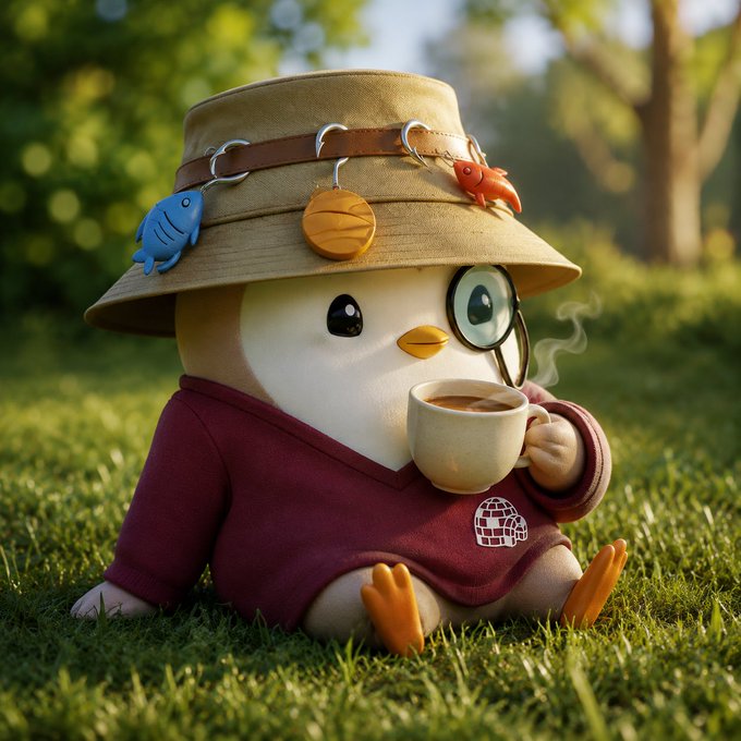 A digital illustration of an adorable chick wearing a bucket hat adorned with fish charms, a monocle, and a maroon sweater, sitting on grass while sipping from a steaming mug.