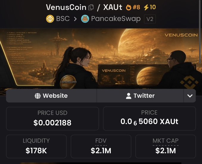 A cryptocurrency trading dashboard shows "VenusCoin / XAUT" token pair ranked #8 on BSC/PancakeSwap V2, priced at $0.002188 USD with a $2.1M market cap. The sci-fi banner depicts a futuristic Venus colony, playfully illustrating the post's tagline "Not just to the moon, to Venus."