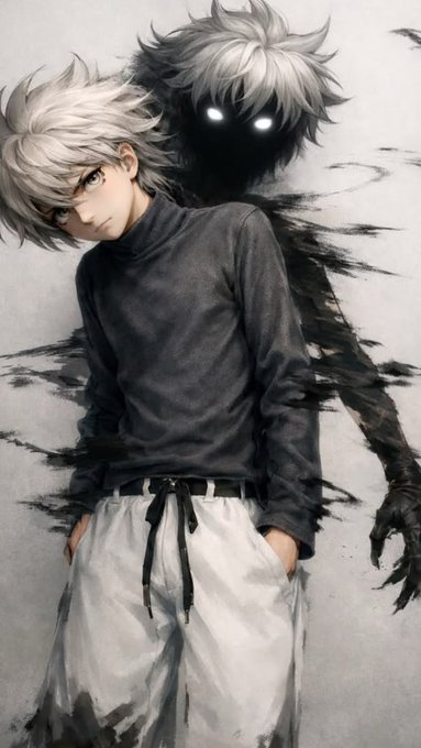 An anime-style illustration of a young man with white hair wearing a dark gray turtleneck and white pants, accompanied by a shadowy, monstrous figure with glowing white eyes looming behind him.