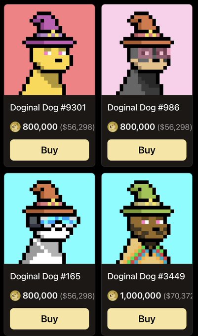A marketplace interface displaying four pixel-art 'Doginal Dog' NFTs for sale at high prices, including Doginal Dog #9301 and #986 at 800,000 ($56,298), #165 at 800,000 ($56,298), and #3449 at 1,000,000 ($70,372).