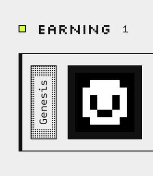 A pixel art graphic labeled 'EARNING 1' displaying a Genesis game cartridge next to a skull icon.