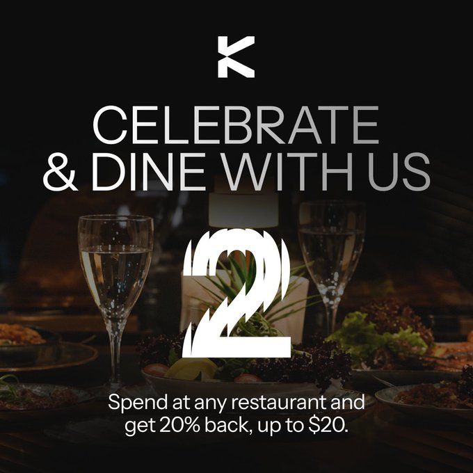 A promotional graphic reading 'CELEBRATE & DINE WITH US 2' offering 20% back, up to $20, when spending at any restaurant.