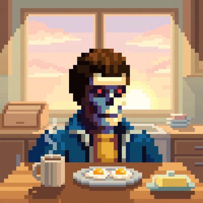 A pixel art illustration of a person with red glowing eyes and blue skin sitting at a table with breakfast items (eggs, butter, coffee) in front of a window showing a sunset.