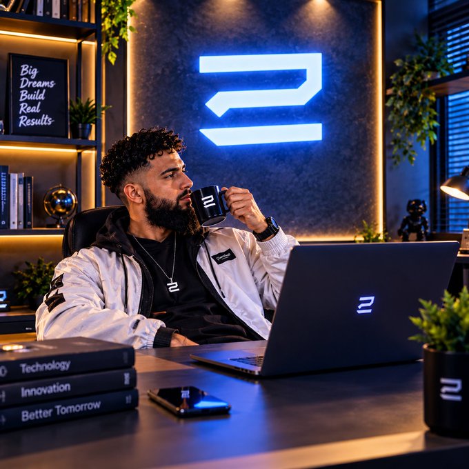 A stylish man with curly hair and a beard drinking from a black mug while seated at a desk with a laptop in a modern workspace featuring neon '2' lighting, a 'Big Dreams Build Real Results' sign, and books titled 'Technology', 'Innovation', and 'Better Tomorrow'.